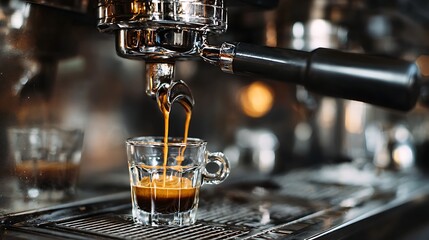 Close-Up of Espresso Coffee Being Brewed in Glass Cup with Professional Espresso Machine in Modern Cafe