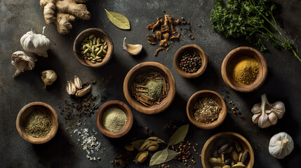 Assorted herbs and spices in artistic arrangement, celebrating natural flavors and culinary diversity