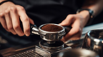 Skilled Barista Preparing Freshly Ground Coffee in Professional Espresso Machine in Coffee Shop Setting