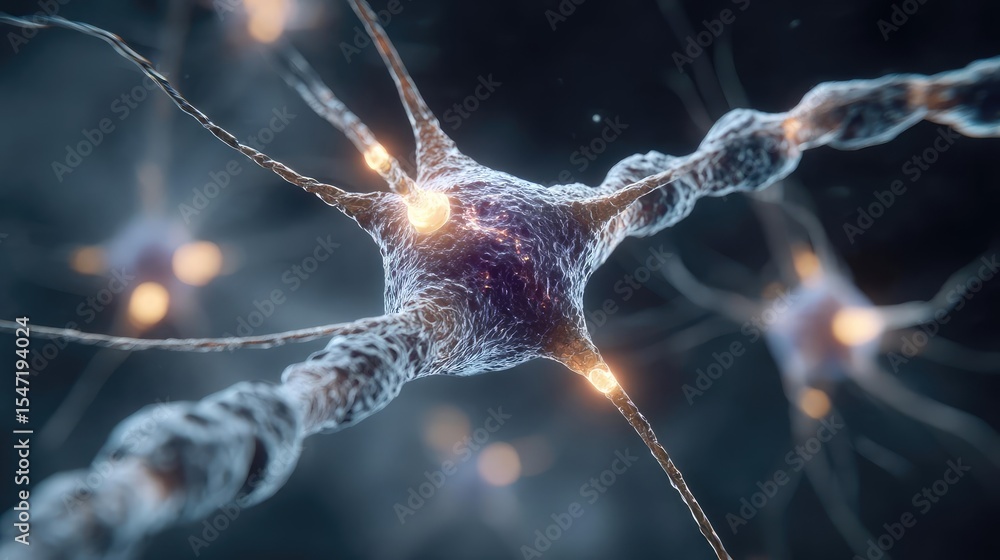 Poster low dopamine with brain and cognitive imbalance concept. detailed view of a neuron showcasing neural