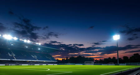 Empty Football Stadium at Dusk with Bright Lights and Colorful Sky