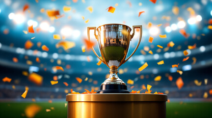 Golden trophy on a pedestal with confetti in a stadium background
