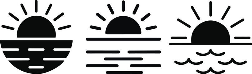 Sunset and Sunrise Icon Set. Vector of Sun Over Water.