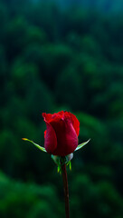 Single red rosebud against a dark green blurred background, romantic and elegant floral image