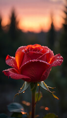Single red rose with dew drops at sunset, romantic garden scene