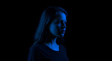 Obraz premium Woman in the dark with blue light on face