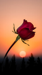 Single red rose silhouetted against a vibrant sunset, romantic and serene.