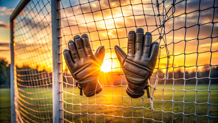 Goalkeeper Gloves Hanging on Net with a Beautiful Sunset Background