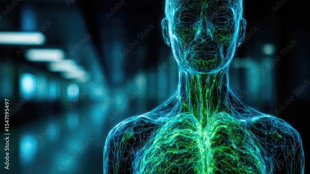 Poster post gallbladder removal with bile flow and scan concept. futuristic representation of the human bod