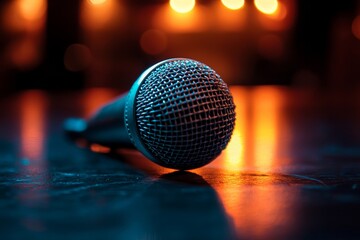 Close-up microphone on the table, capturing sound during podcast recording sessions, symbolizing content creation and digital media production., Generative AI