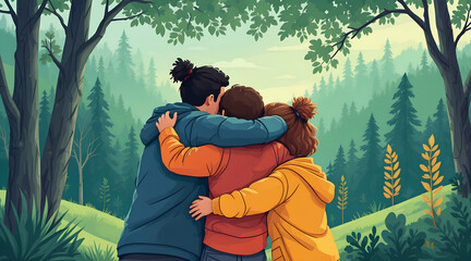 Three Friends Embracing in a Forest Showing Unity and Togetherness in Nature