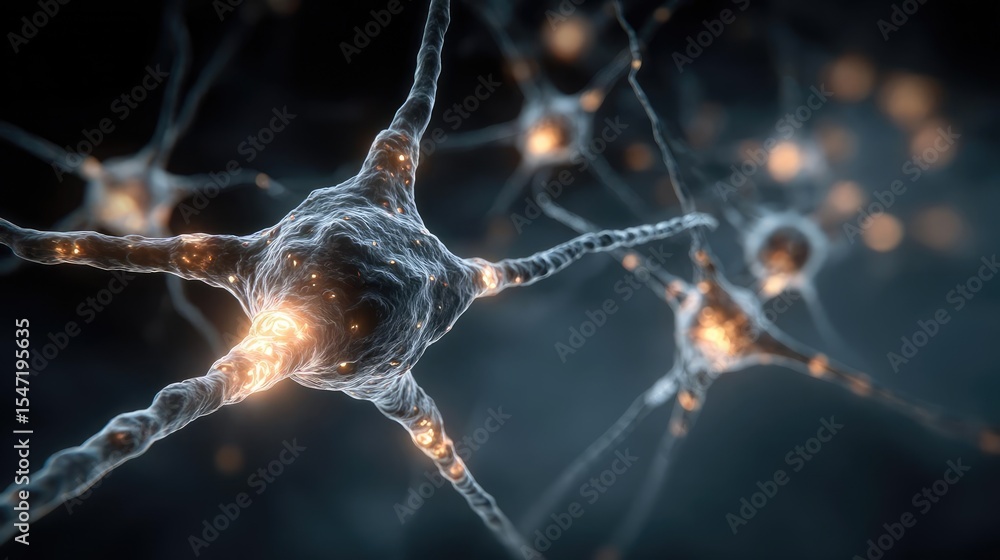 Poster low brain activity from dopamine disorder and imbalance concept. detailed close-up of neurons showca