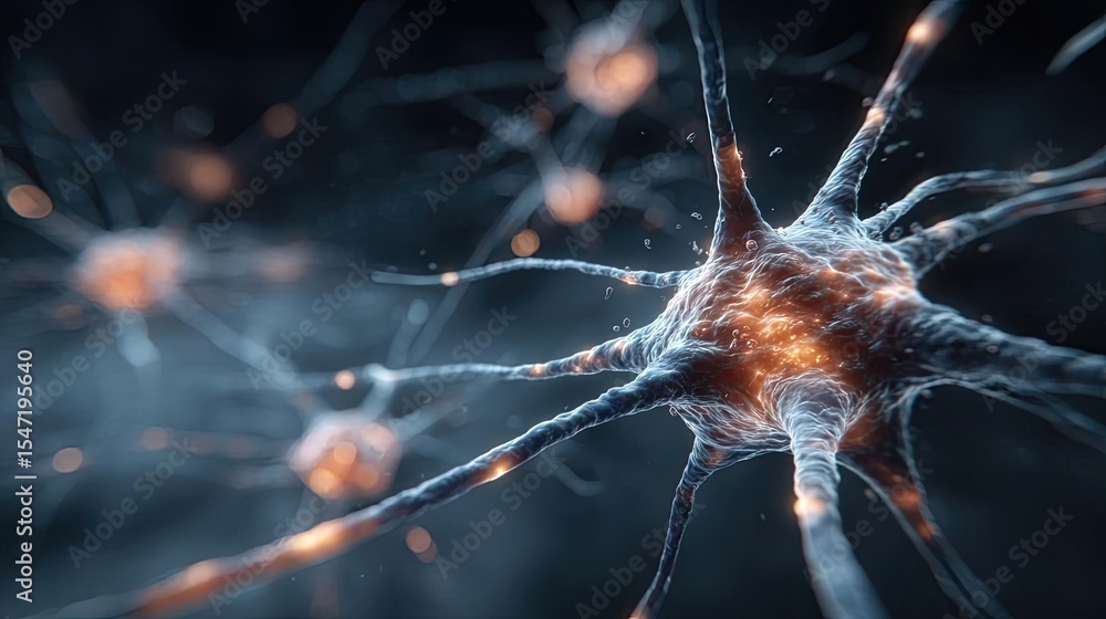 Poster low brain activity from dopamine disorder and imbalance concept. close-up view of neurons showcasing