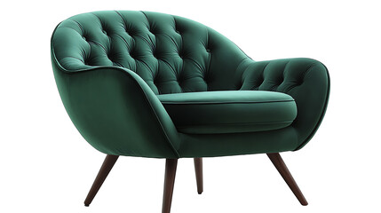 Emerald green velvet armchair with button tufting midcentury modern design isolated on white furniture interior