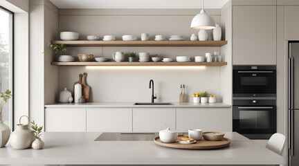 Modern Kitchen Interior with Open Shelving and Neutral Color Palette