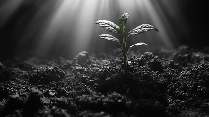 Emerging life seedling in dark soil bathed in radiant light showing hope and new beginnings symbolizing growth and resilience