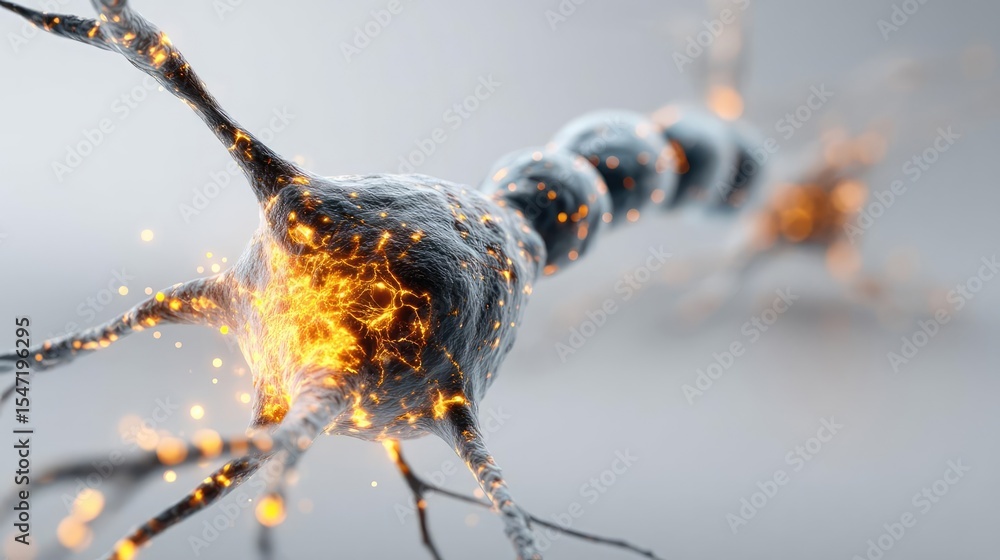 Poster low dopamine with brain and cognitive imbalance concept. close-up image of a neuron showcasing intri