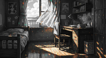 Monochrome illustration of a cozy vintage bedroom with wooden furniture, open window, and nostalgic atmosphere. Ideal for storytelling, interior design, or artistic projects.