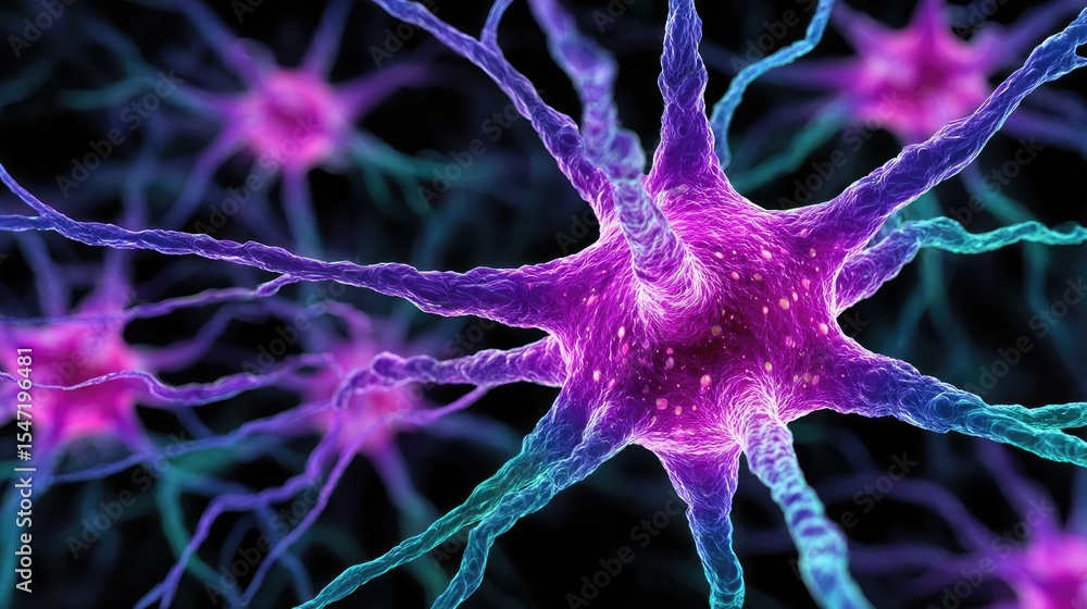 Poster low dopamine with brain and cognitive imbalance concept. colorful neurons forming a complex network 