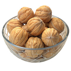 Bowl Full of Walnuts in a Glass Bowl Close Up Detailed Texture on Transparent Background This image features glass bowl overflowing with walnuts The close up