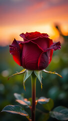 Single dark red rose at sunset, dew drops, garden, romantic