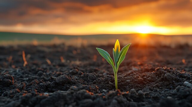 Emerging life small sprout growing from arid soil against dramatic sunset backdrop symbolizing resilience hope and new beginnings