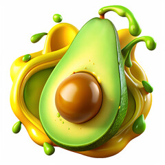 Vibrant Avocado Slice with Yellow and Green Splashes Showcasing Freshness and Health on Transparent Background This image features vibrant avocado half surrounded dynamic splashes yellow
