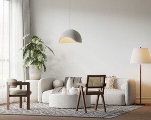 Japandi Interior Living Room with Cozy Sofa & Armchair, Light Furniture, Textured Rug, Indoor Plants and Table with Decoration - 3d Rendering
