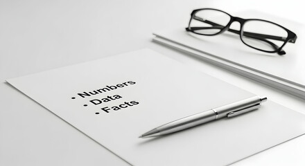 White sheet of paper with "Numbers", "Data", and "Facts" written in black ink, placed on a light surface with eyeglasses and pen