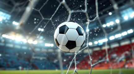 Soccer ball hits the net in a stadium with spectators cheering