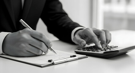 Close-up black and white image of hands, in a business suit, using a calculator and pen on clipboard