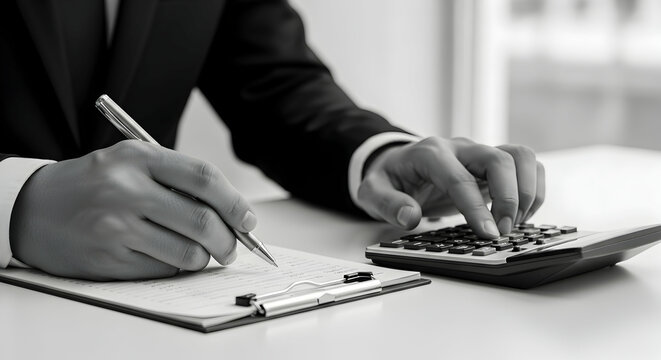 Close-up black and white image of hands, in a business suit, using a calculator and pen on clipboard