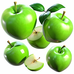 A Vibrant Cluster of Green Apples Whole and Sliced with Leaves on transparent background This image features collection bright green apples some whole others sliced