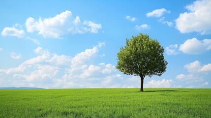 Tranquil landscape scene of a lone tree on a grassy plain under a clear sky.