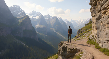 Man with Backpack Enjoys the View of Snow Capped Mountain Range