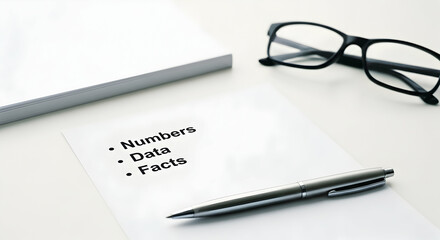 White sheet with "Numbers, Data, Facts" written, beside a pen and glasses on a white surface