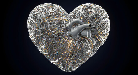 Fototapeta premium Futuristic metallic heart with intricate wireframe and anatomical details