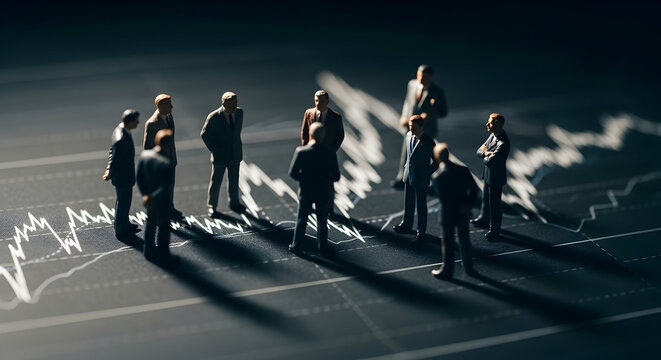 Miniature business figures in suits, discussing around a financial chart