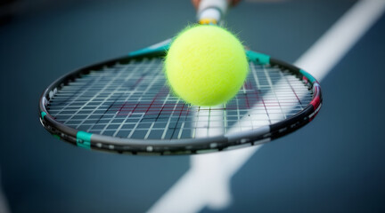 Close up of a tennis ball resting on a tennis racket