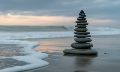 Fototapeta premium Stones stacked on beach at sunset. Calm, balanced stones tower on wet sand, with ocean waves