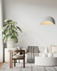Japandi Interior Living Room with Cozy Sofa & Armchair, Light Furniture, Textured Rug, Indoor Plants and Table with Decoration - 3d Rendering
