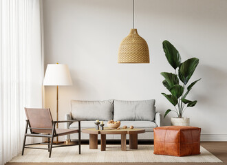 Japandi Interior Living Room with Cozy Sofa & Armchair, Light Furniture, Textured Rug, Indoor Plants and Table with Decoration - 3d Rendering
