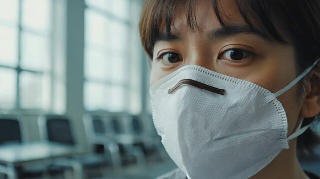 A close-up of a person wearing a medical mask, with their eyes visible, symbolizing health, safety, and public health concerns. Ideal for medical or pandemic themes.