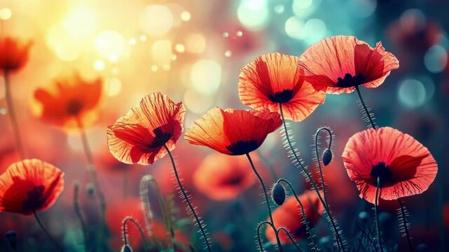 Vibrant red poppies in sunlight with bokeh background. Memorial Day, Remembrance Day, Veterans Day, ANZAC Day - National Day of Remembrance, Military Honor Day, Armed Forces Memorial