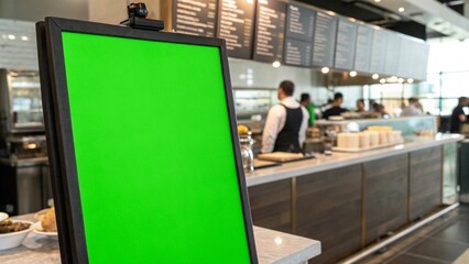 Close Up Menu Board With Green Screen Panel in Food Space Suitable for Culinary Promotion Design Template