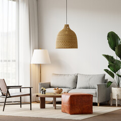 Japandi Interior Living Room with Cozy Sofa & Armchair, Light Furniture, Textured Rug, Indoor Plants and Table with Decoration - 3d Rendering
