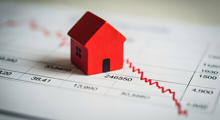 Red house figurine atop a document with a downward trendline graph of numbers