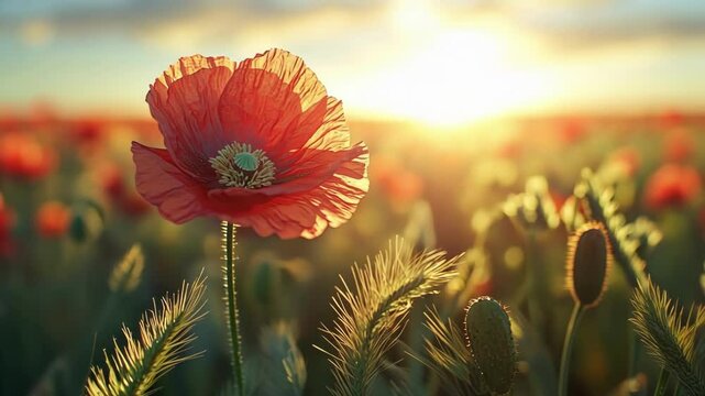 Vibrant red poppy blooming in sunlit field at sunset. Memorial Day, Remembrance Day, Veterans Day, ANZAC Day - National Day of Remembrance, Military Honor Day, Armed Forces Memorial