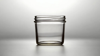 Empty clear glass jar with lid threads and minimalist studio lighting on gray backdrop