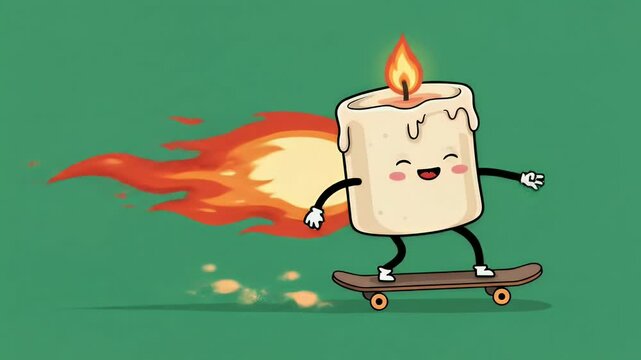 Cute candle character skateboarding